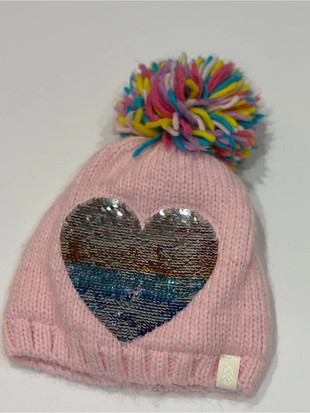 Pink Kids Pom-Pom Beanie with Sequin Heart